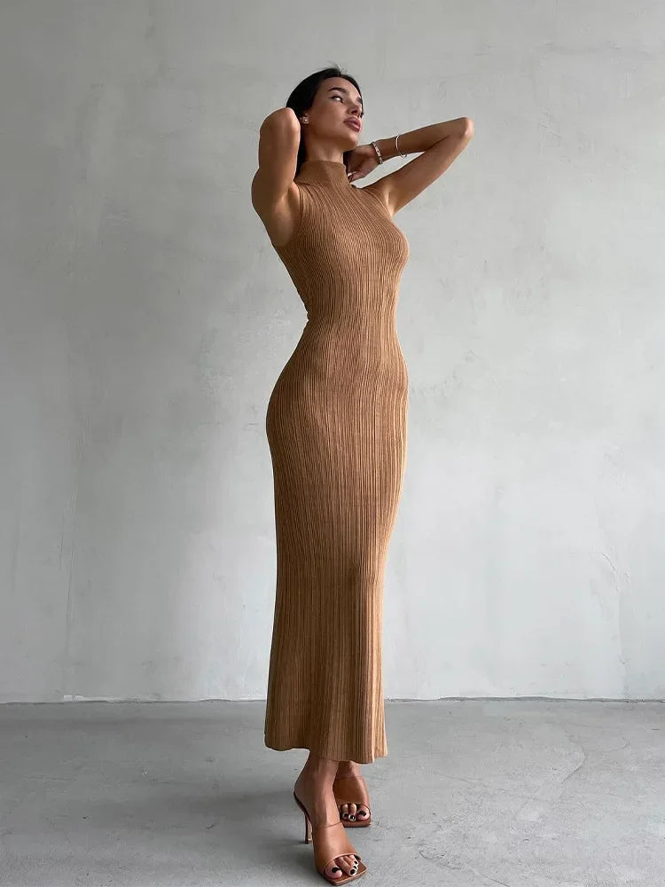 Talenza Knitted Sleeveless Slim Long Dress Women's Fashion Elegant Evening Dress High Neck Solid Color Sexy Knitted Long Dress