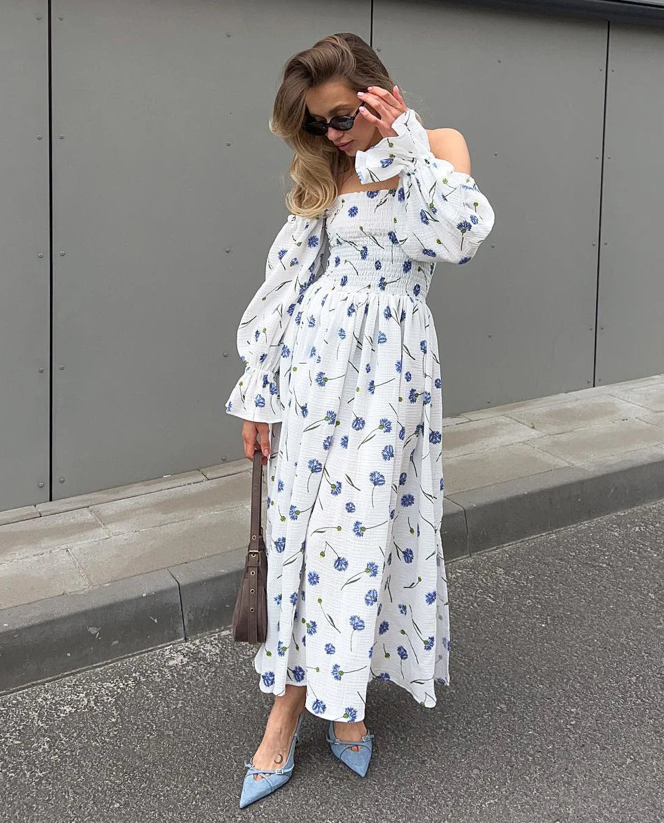Women's Summer Cotton Dress 100% Elegant Ruffle Midi Floral Print Dress with Side Slits Flower Vintage Muslin Dress for Women