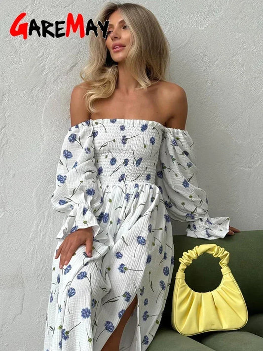 Women's Summer Cotton Dress 100% Elegant Ruffle Midi Floral Print Dress with Side Slits Flower Vintage Muslin Dress for Women