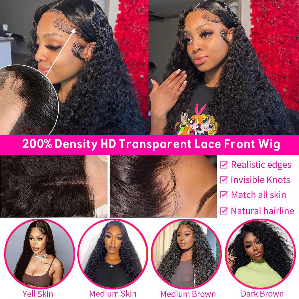 200 Density Water Wave 13x6 Transparent Lace Front Wig Glueless Human Hair Wigs Deep Wave 13x4 Lace Frontal Wig For Women