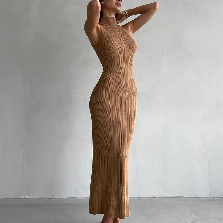 Talenza Knitted Sleeveless Slim Long Dress Women's Fashion Elegant Evening Dress High Neck Solid Color Sexy Knitted Long Dress