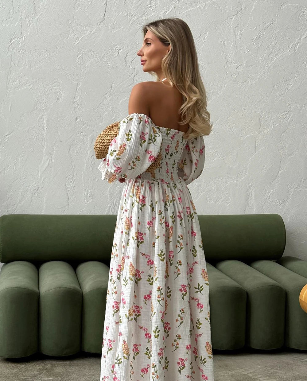 Women's Summer Cotton Dress 100% Elegant Ruffle Midi Floral Print Dress with Side Slits Flower Vintage Muslin Dress for Women