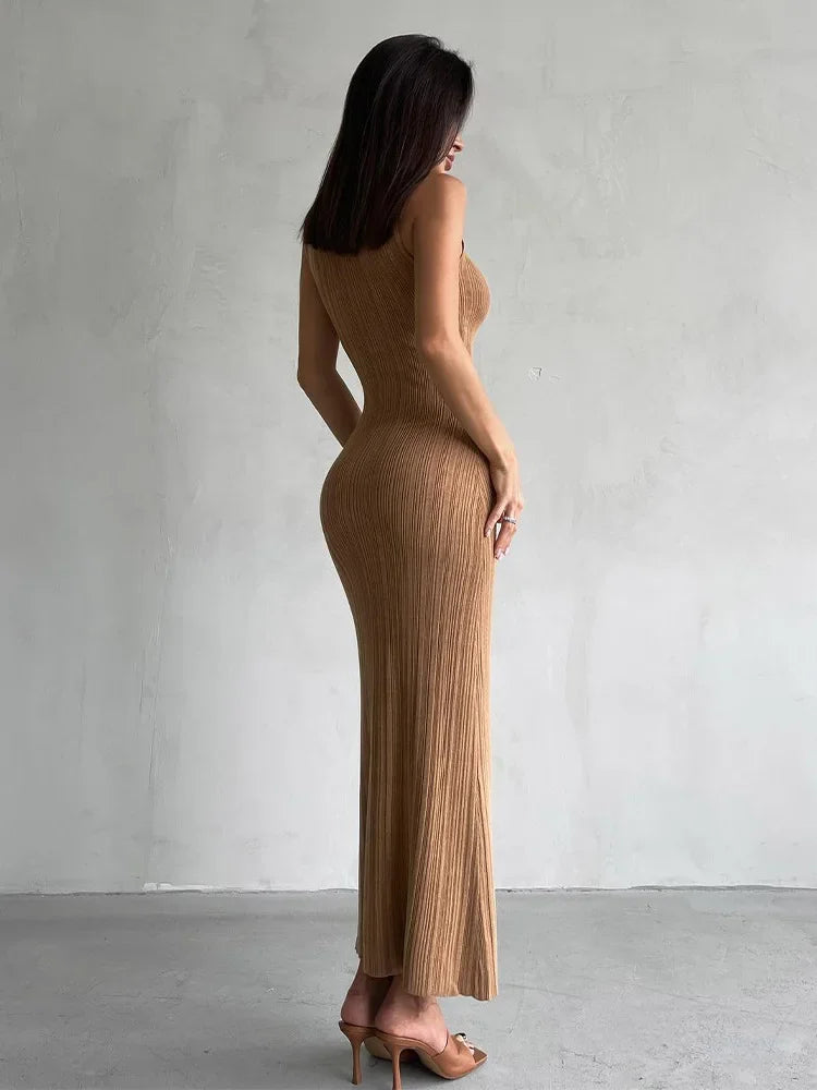 Talenza Knitted Sleeveless Slim Long Dress Women's Fashion Elegant Evening Dress High Neck Solid Color Sexy Knitted Long Dress
