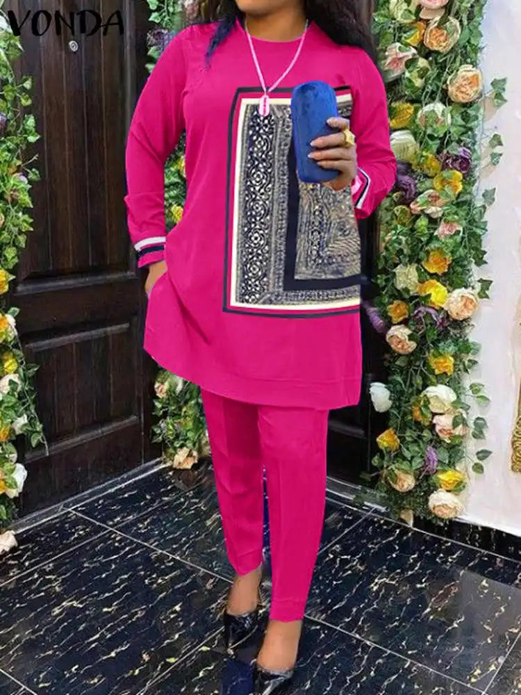 Plus Size VONDA Women Fashion Pant Sets Elegant Suits Long Sleeve Asymmetrical Patchwork Casual Top and Long Pants Bohemian Sets