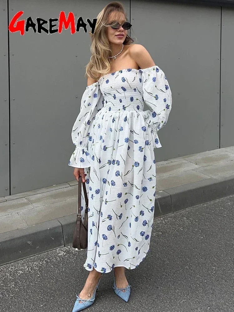 Women's Summer Cotton Dress 100% Elegant Ruffle Midi Floral Print Dress with Side Slits Flower Vintage Muslin Dress for Women