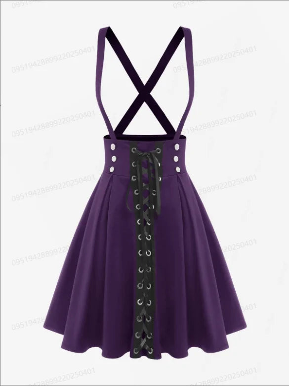 ROSEGAL Plus Size Women's High Waist Jumper Skirts Gothic Lace Up Buckles Godet Hem A Line Suspender Skirt Three Colors Choose