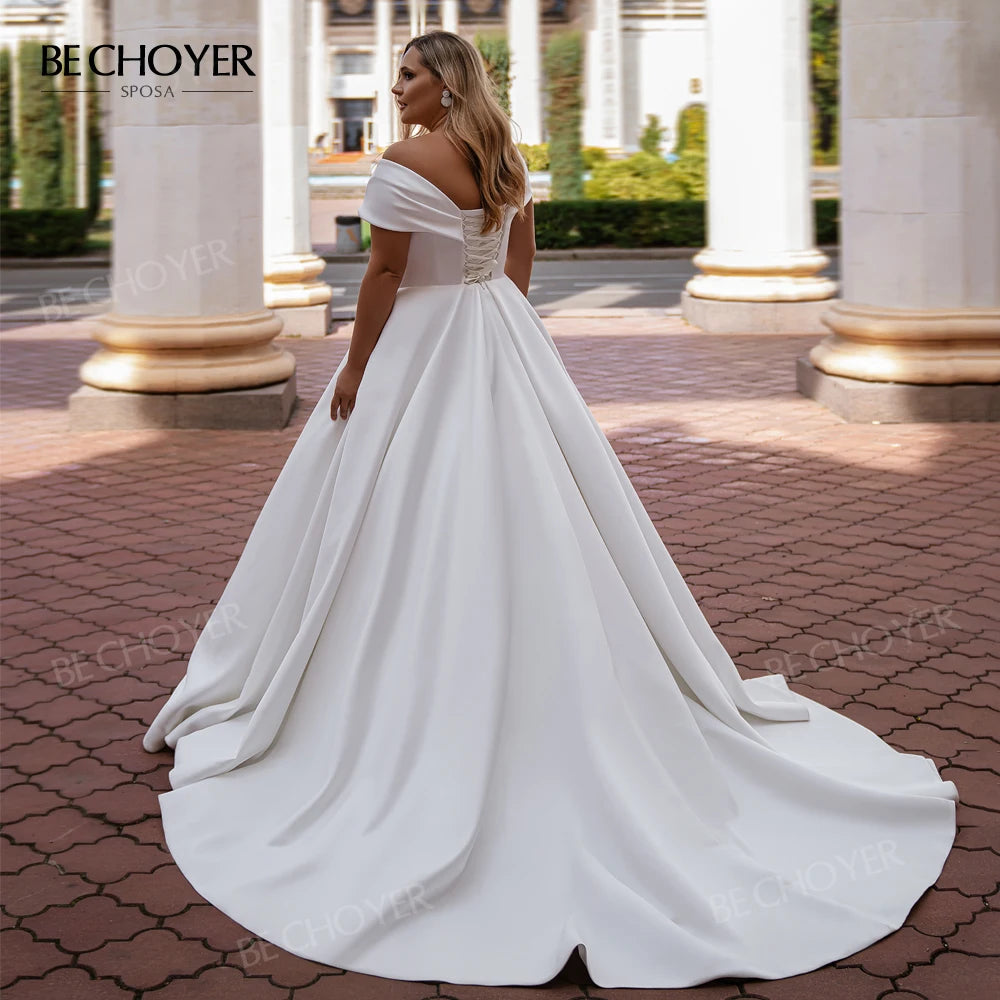 BECHOYER Off Shoulder Wedding Dress 2025 Fashion Satin A-Line Court Train Princess Bride Gowns SN108 customized Vestido de Noiva