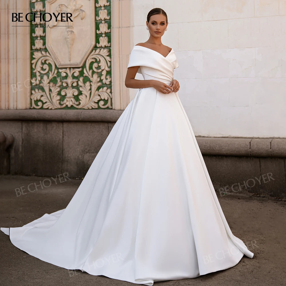 BECHOYER Off Shoulder Wedding Dress 2025 Fashion Satin A-Line Court Train Princess Bride Gowns SN108 customized Vestido de Noiva